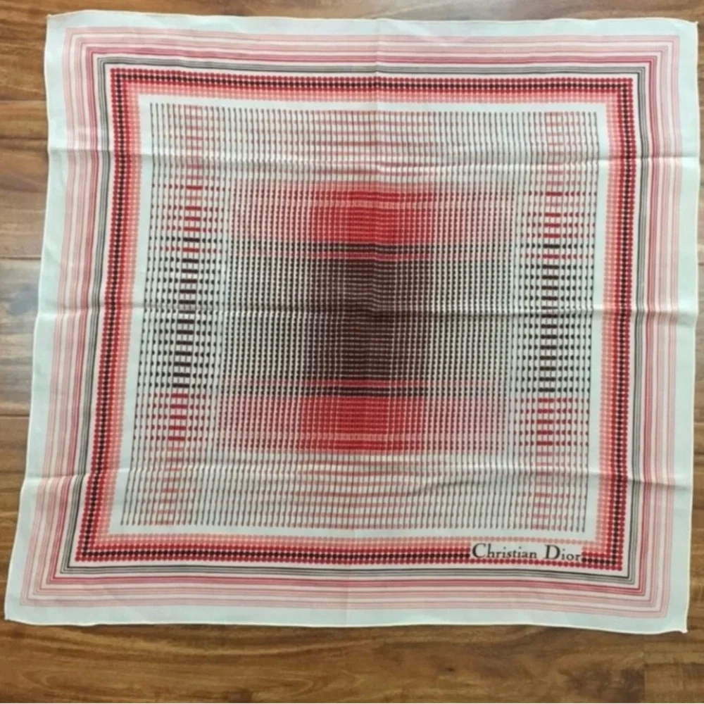 Vintage Christian Dior Red Brown Geometric Polka Dot Silk Square Scarf Luxury
